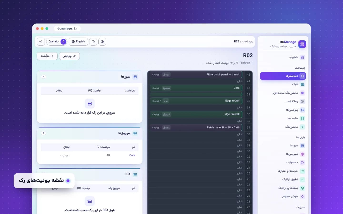 نقشه یونیت‌های یک رک در DCManage