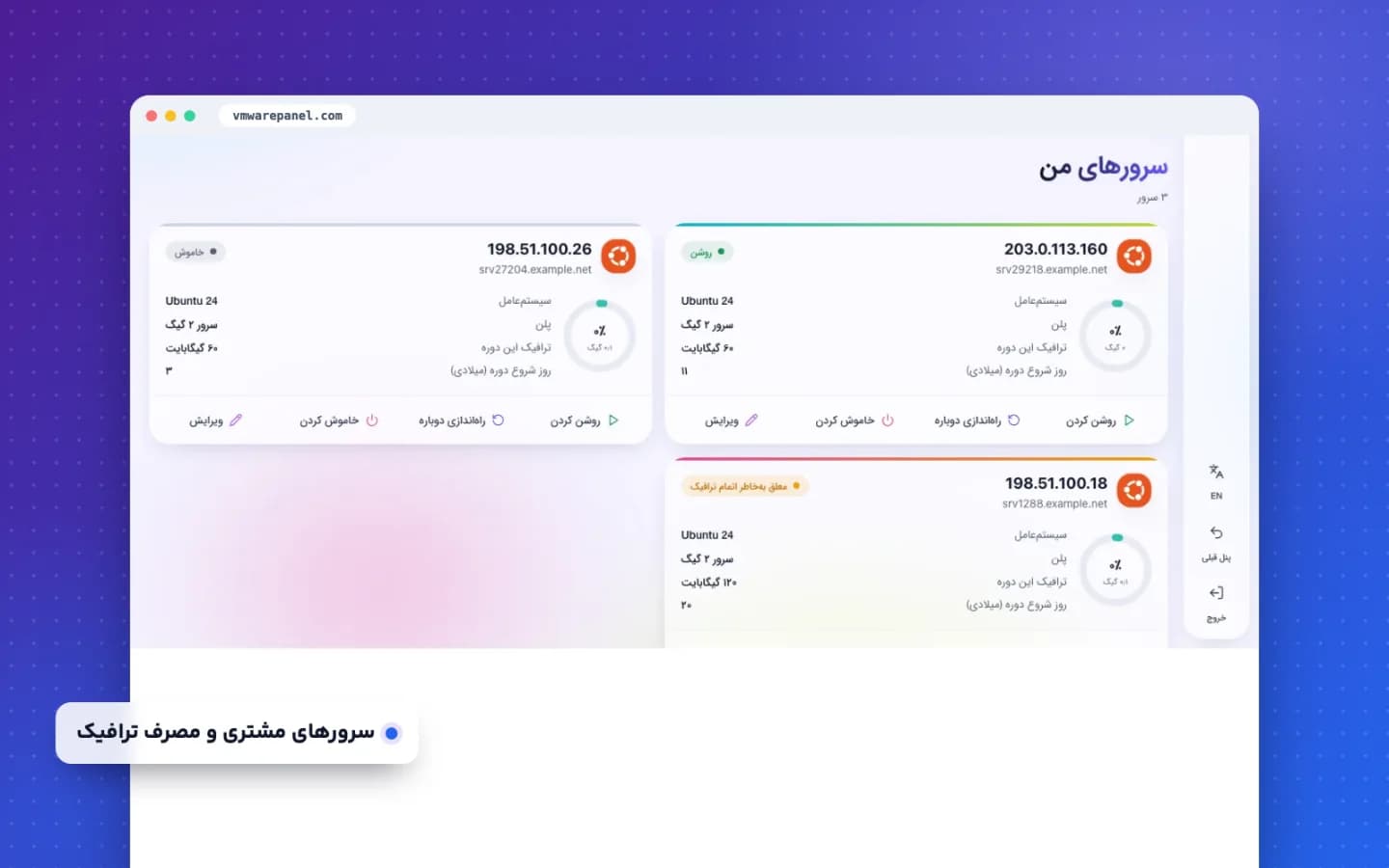 فهرست سرورهای مشتری با پلن و مصرف ترافیک