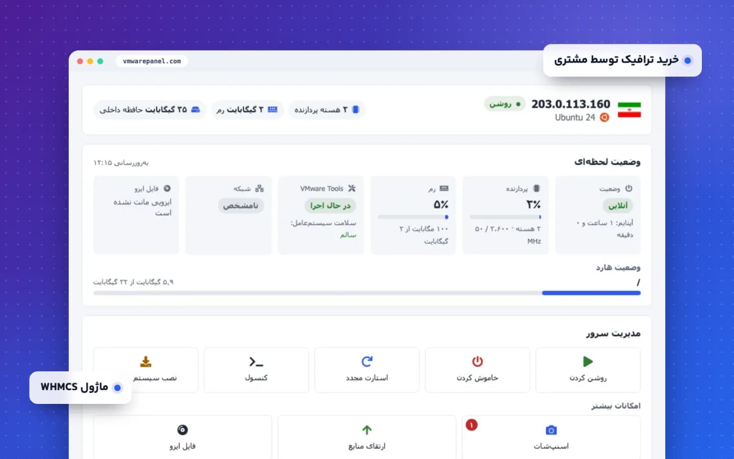 ناحیه کاربری مشتری در WHMCS با وضعیت زنده، دکمه‌های مدیریت سرور و ترافیک